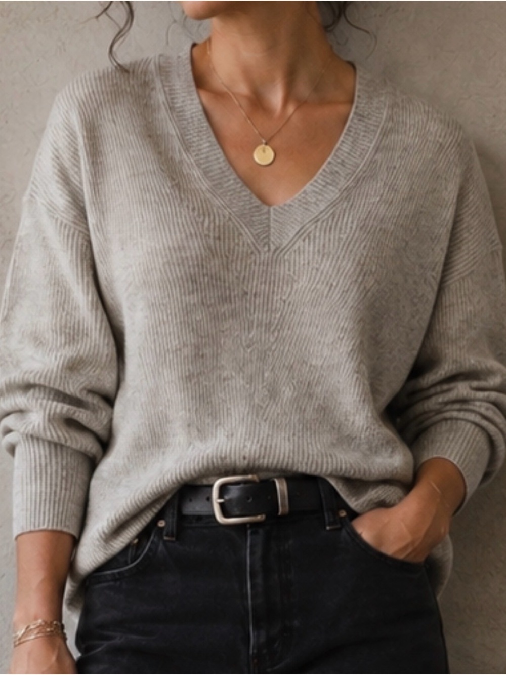 AllSaints 100% Merino Wool V Neck Sweater XS Gray Cable Knit